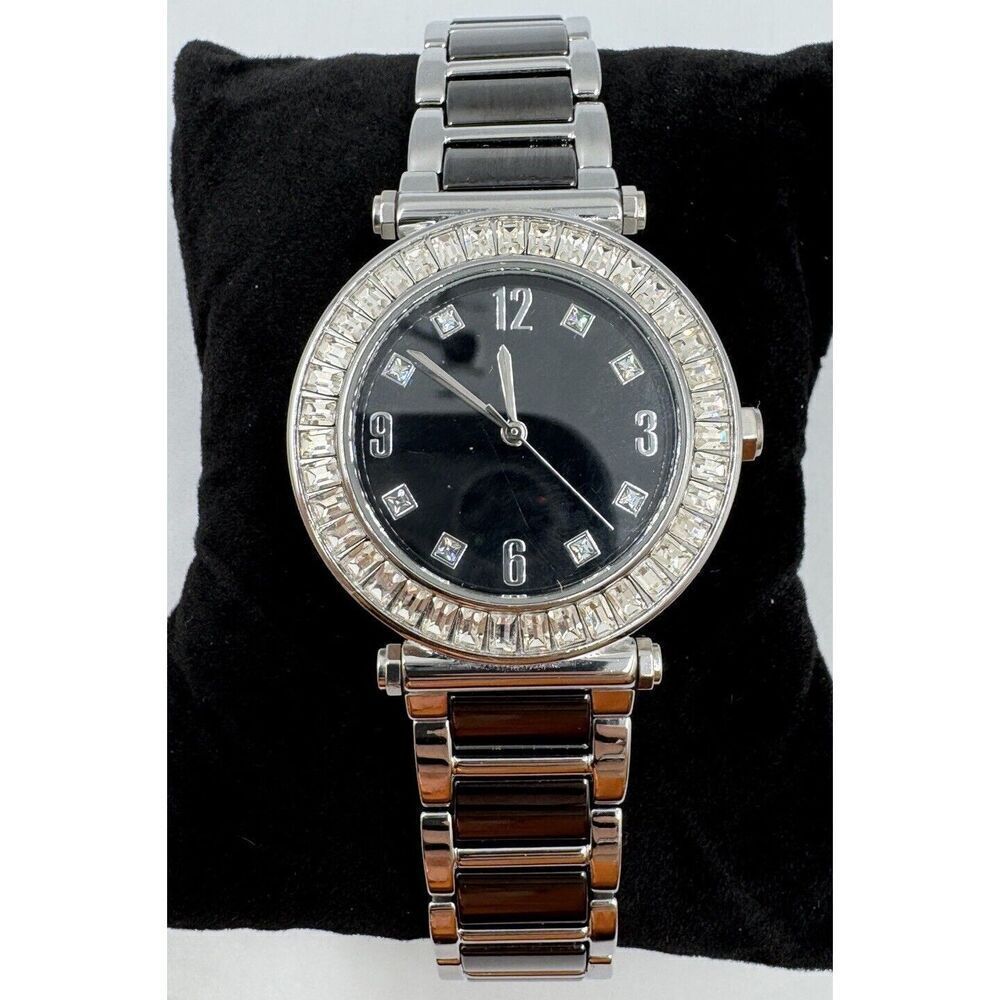 Diamonique Baguette CZ Bezel Black Stainless Steel Statement Watch NEW BATTERY